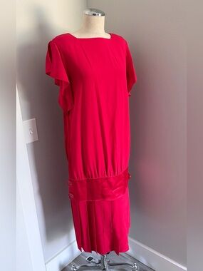 Ma Mere Vintage Women’s Red Solid Satin Shift Midi Dress Boat Neck Ruffle Sleeve